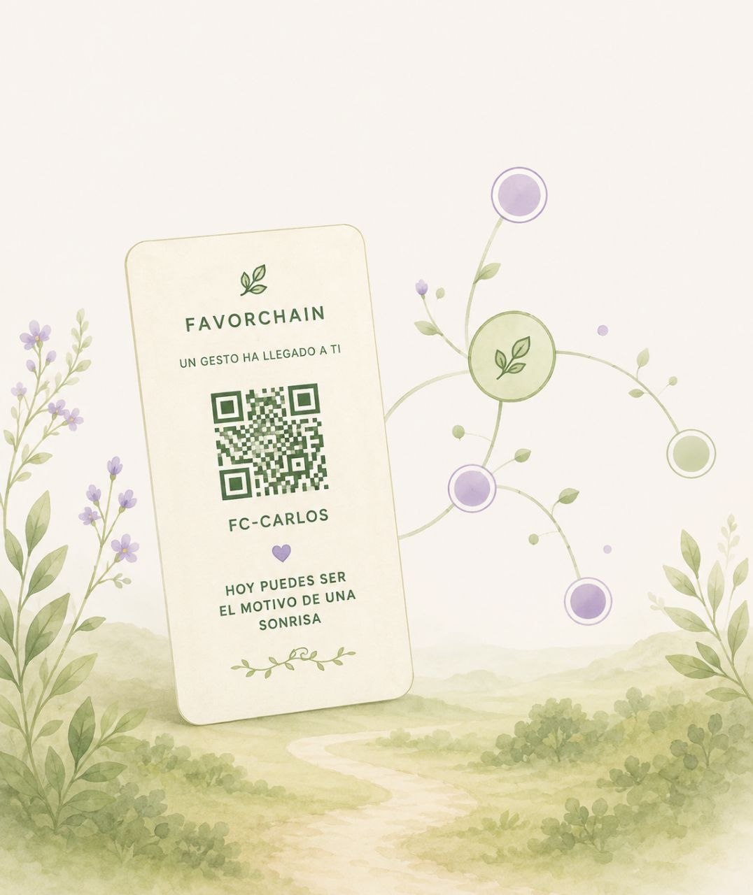 Tarjeta FavorChain con QR y red orgánica de gestos